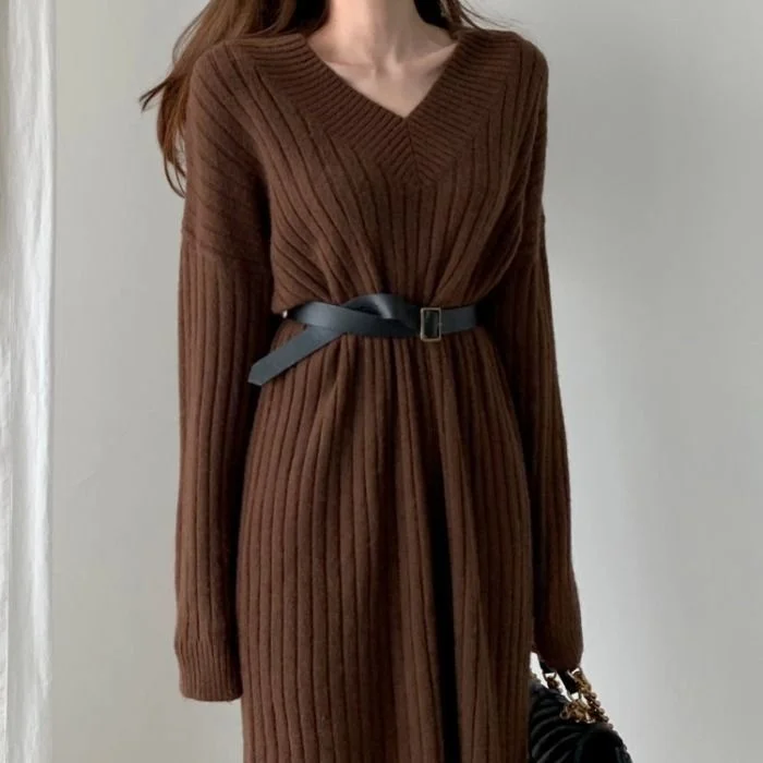 Осенний вязаный Повседневный свитер пуловер женское тонкое платье теплое с