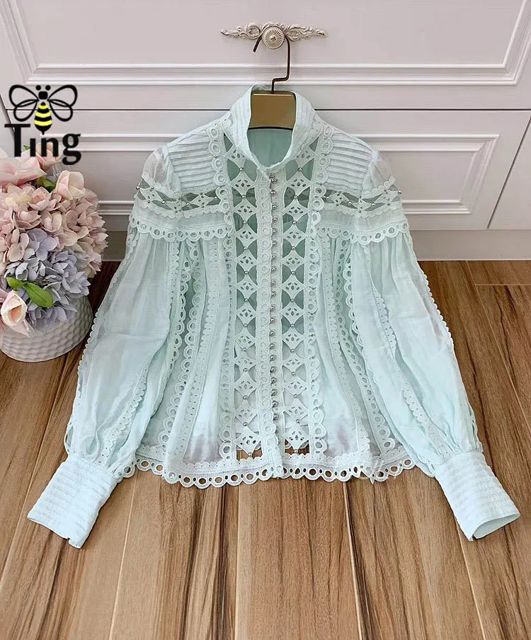 Tingfly Designer Runway Stand Open Collar Rivet Blouse Women Casual Full Lantern Sleeve Hollow Cut Out Shirt TopS Female Shirt