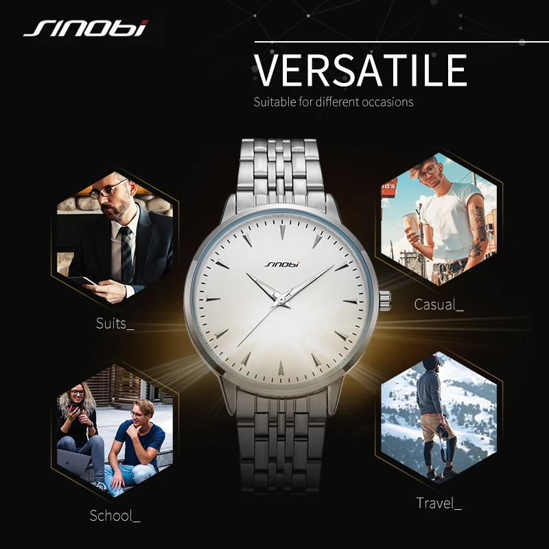 

SINOBI Watch Men Minimalist Fashion Silver Men Watch Stainless Steel Waterproof Mens Watches Top Brand Luxury Male Clock