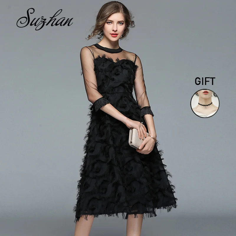 Suzhan платье с кисточками женское сексуальное летнее черные платья бахромой для