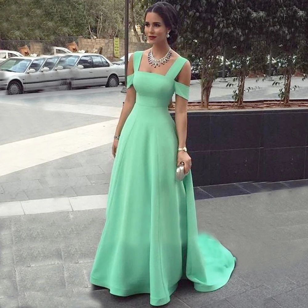 

Straps Side Sleeves A line Prom Gown New Arrive Mint Satin Prom Dresses Long vestidos de graduación Simple Formal Evening Dress