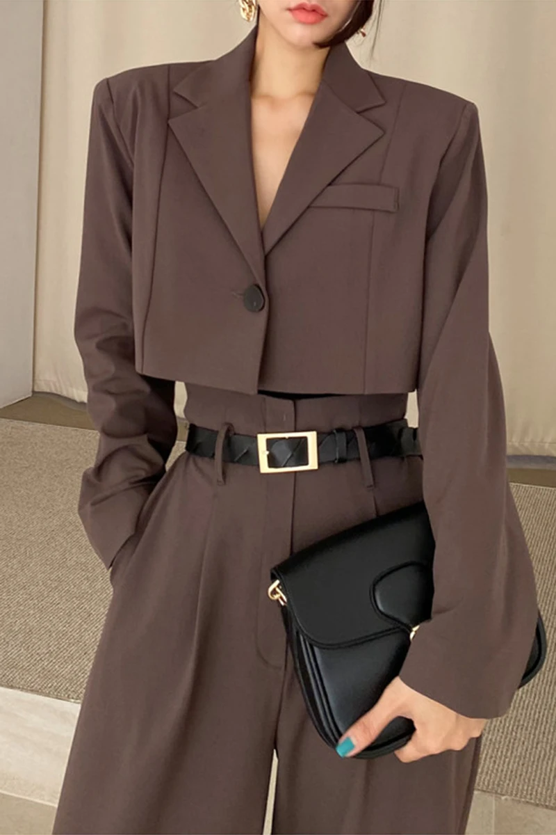 

Womens Suits Set 2 Pieces 2021 Spring And Autumn Korean Chic Lapel Loose One Button Blazer Coat High Waist Long Wide Leg Pants