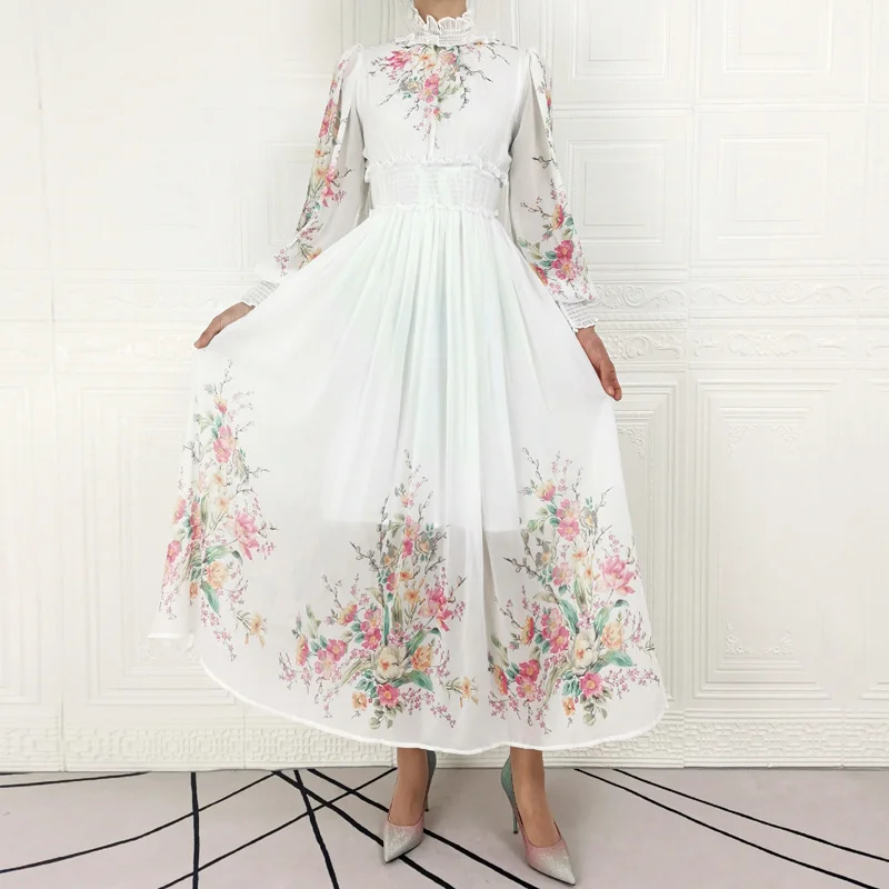 

Fashion Designer Autumn New Women'S High Quality Bohemian Party Casual Elegant Chic Elastic Band Flower Print Chiffon Midi Dress