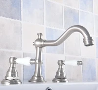 brushed nickel brass deck mounted dual handles widespread bathroom 3 holes basin faucet mixer water taps mnf688
