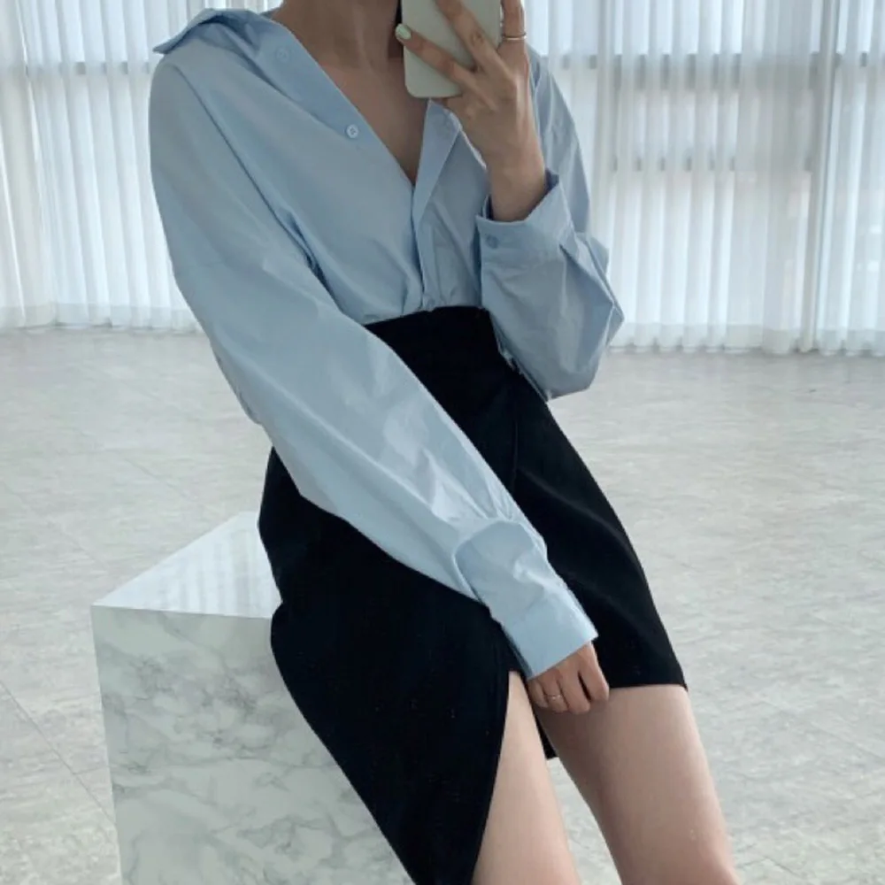 

Japanese Korean Version 2021 Summer Blouse Fashion Temperament Loose Casual Simplicity Solid Color Puff Sleeve Lapel