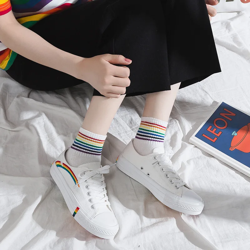

Women's Canvas Shoes, Flat Shoes, Sneakers, Rainbow Lace-up White Shoes, Women's Casual Shoes, Sneakers, Comfortable Shoes