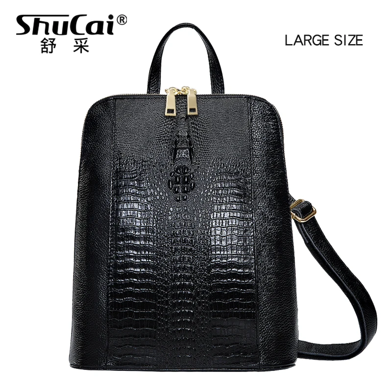 BLACK LARGE SHUCAI, роскошный рюкзак для ноутбука из натуральной кожи, для женщин, 14 дюймов, сумка для колледжа, для школьниц, черный рюкзак, большой рюкзак для путешествий, кошелек - Цвет: BLACK LARGE