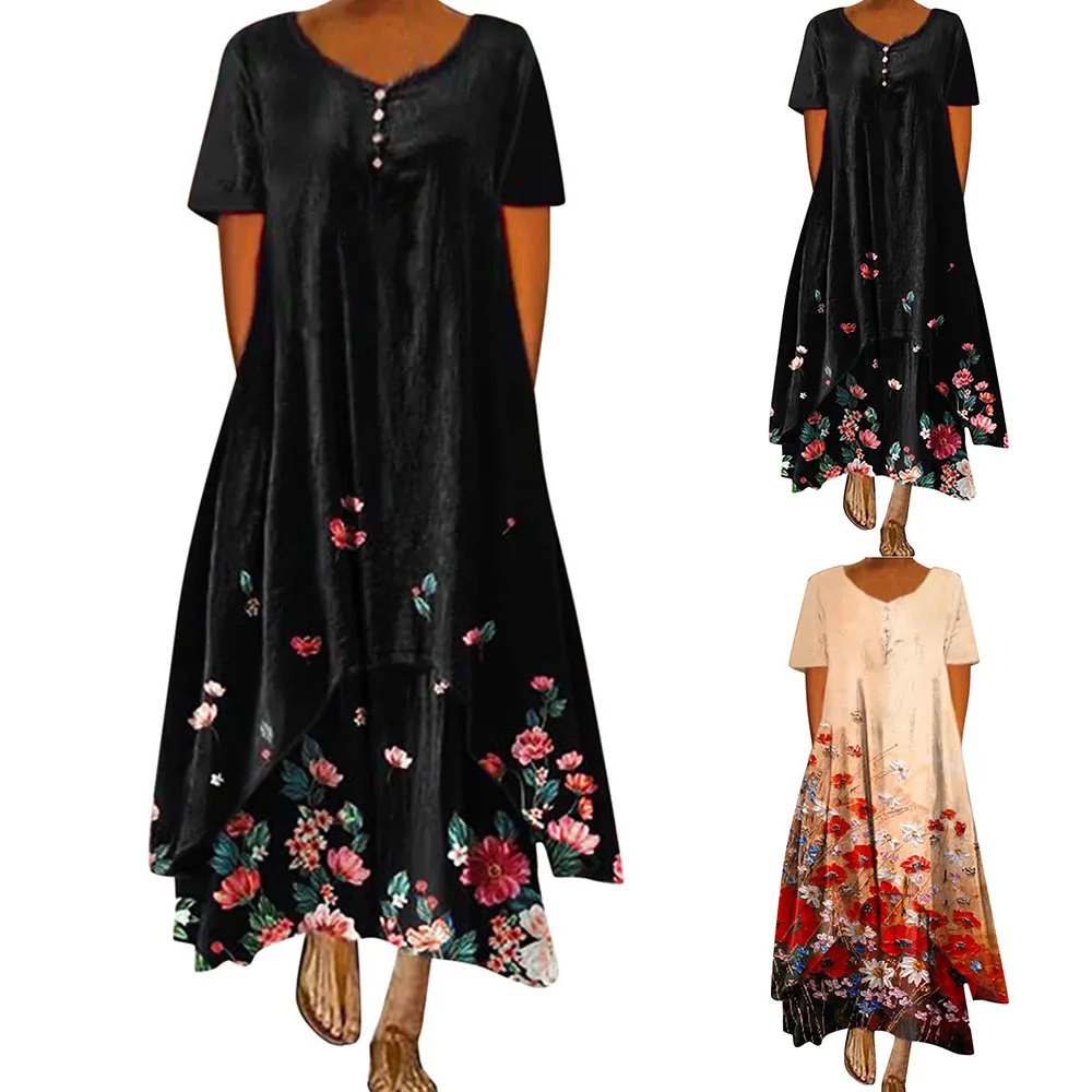

Womens Ladies Print Loose Summer Dress Long Maxi Dress Holiday Fashion Casual
