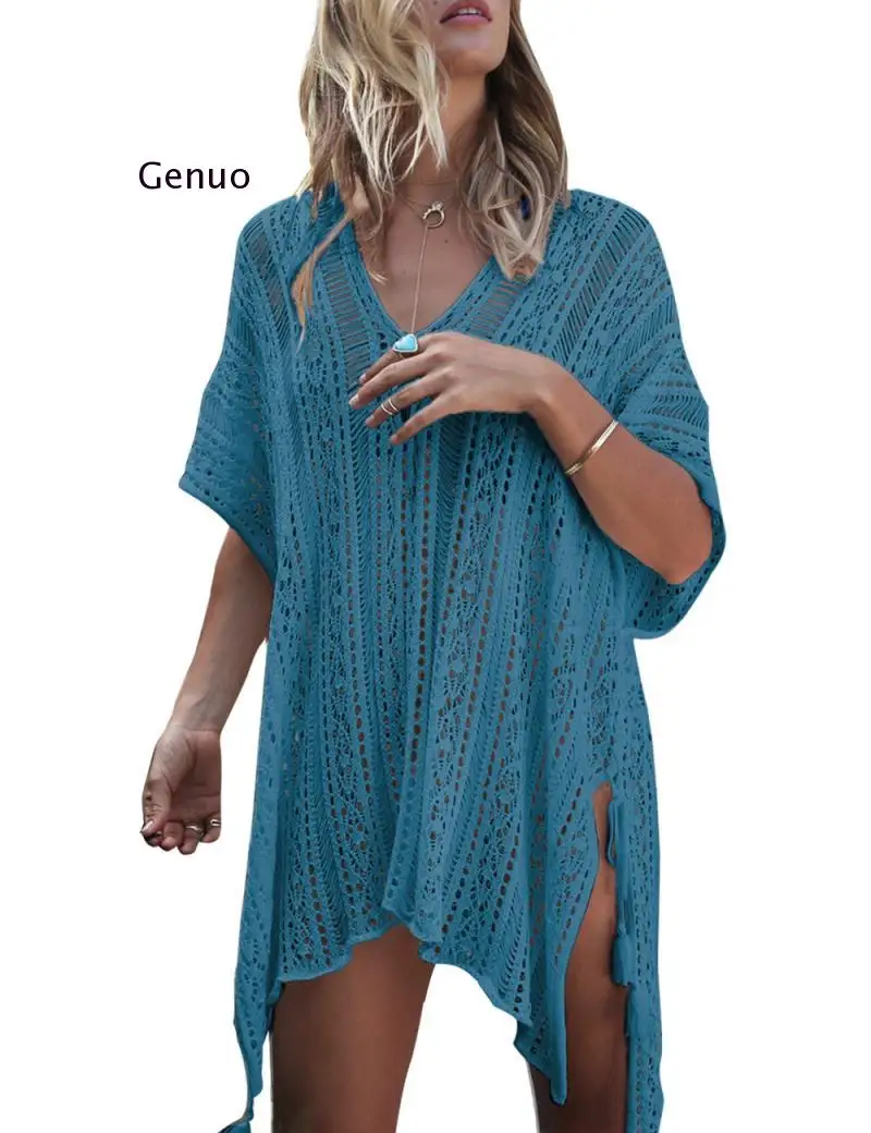 

New Beach Cover Up Bikini Crochet Knitted Tassel Tie Beachwear Summer Swimsuit Cover Up Sexy See-Through Beach Dress