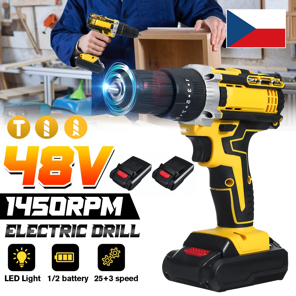 48V Cordless Drill Electric Screwdriver With 2Pcs Rechargeable Lithium-Ion Battery 25+3 Torque Electric Impact Drill Power Tool
