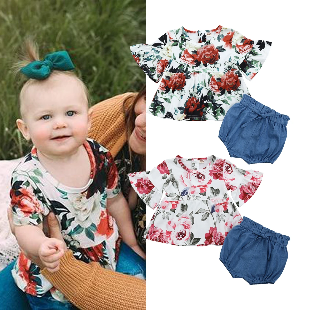 2 шт. Детская футболка с цветочным принтом и шорты|Комплекты одежды для девочек| |