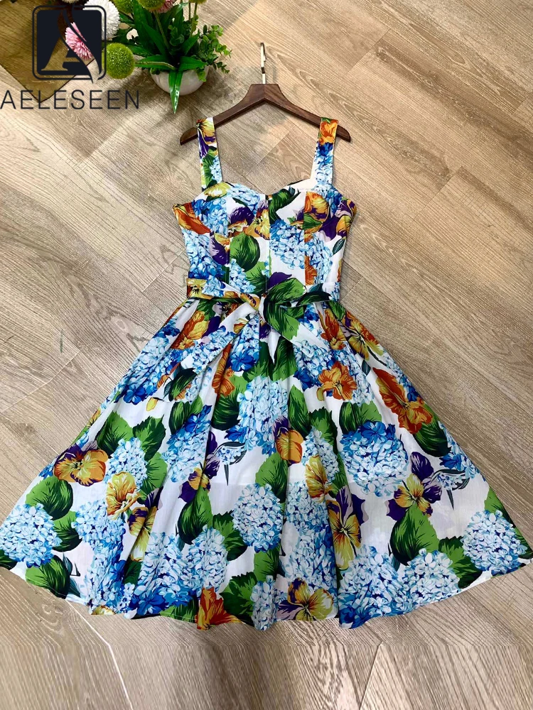 

AELESEEN Women's Sicilian Cotton Dress 2022 Summer Spaghetti Strap Mulitcolor Flower Print Elegant Knee-length Party Camisole