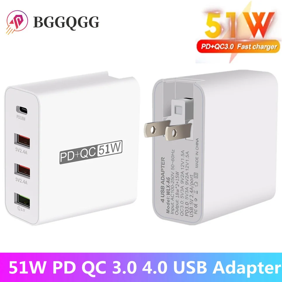 

51W PD QC 3.0 4.0 USB Adapter Wall Quick Charger For IPhone Samsug Huawei Xiaomi EU Plug Mobile Phone Fast Charging Universal