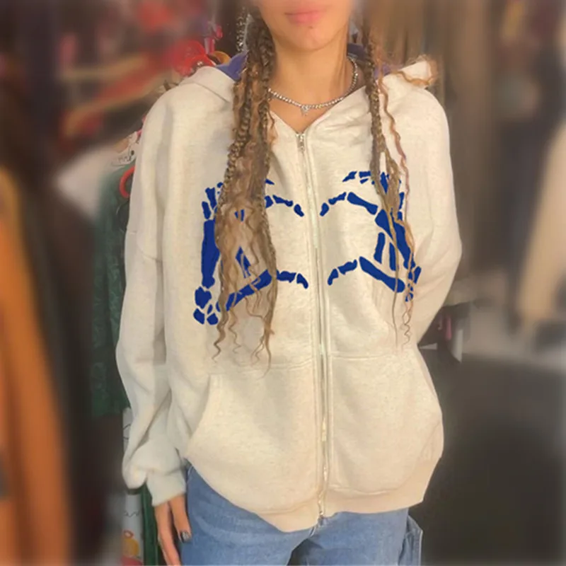 

Fashion Female Sweatshirt Loose Long Sleeve Zip Up Gothic Hoodie Print Skull Woman Hoodies Women Girl Hooded Sweatshirts Y2K