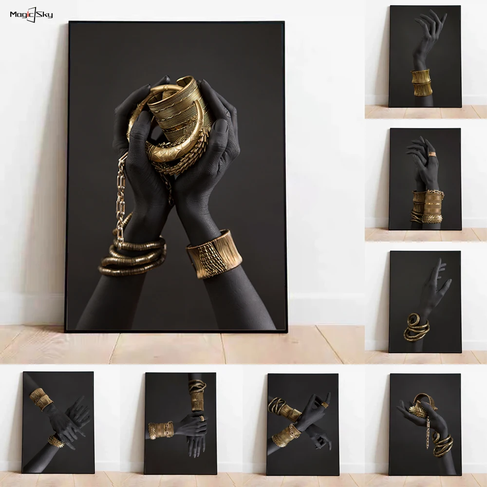 

African Black Hand Holding Gold Jewelry Luxury Home Decor Modern Wall Art Canvas Painting Posters Prints Images Room Decoration