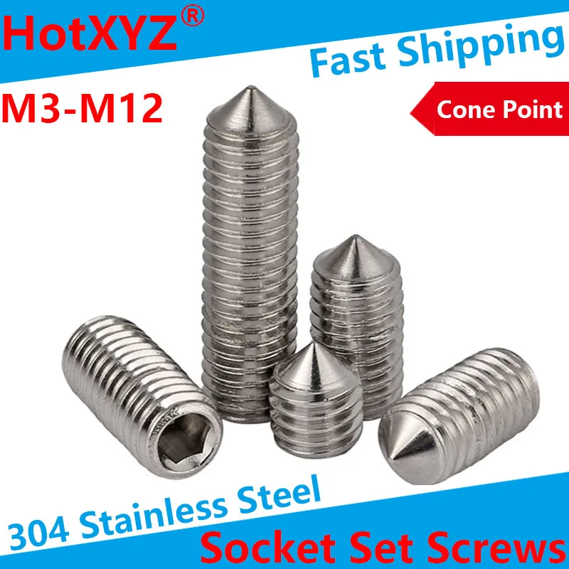 

304 Stainless Steel Internal Hex Socket Drive Cone Point Set Screws M3 M4 M6 M8 M10 M12 Taper tip End Grub Bolts