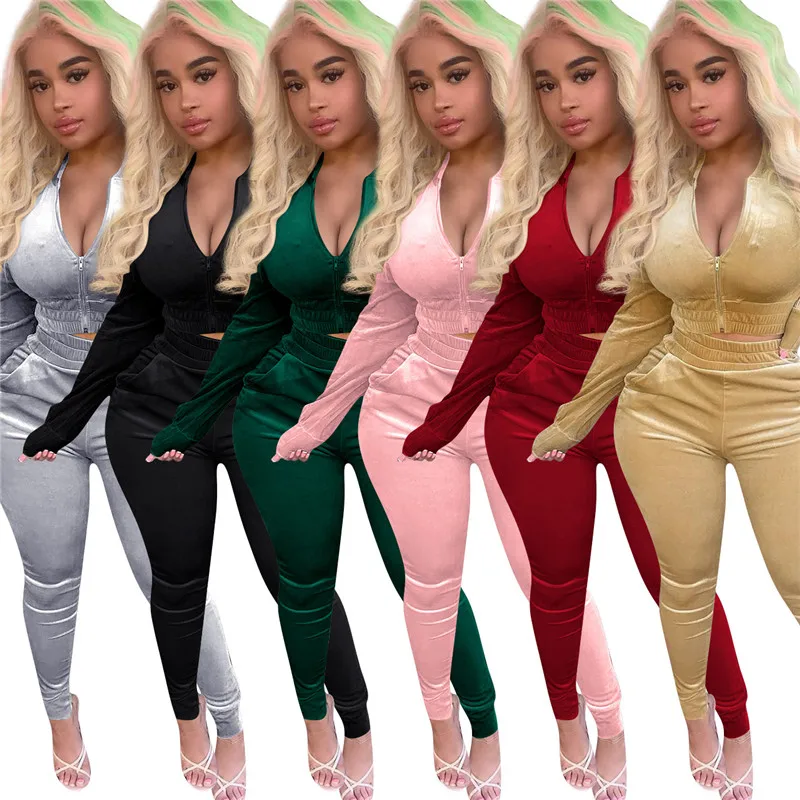 

Velvet Two Piece Set 2020 Fall Women Zipper Solid Crop Top Long Pants Velour Tracksuit Sportwear Outfits Wholesale Dropshpping