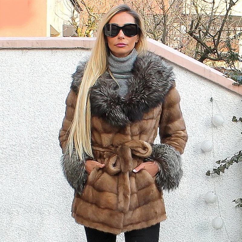

Women Natural Import Real Mink Fur Coats With Belt 70cm Long Luxury Genuine Mink Fur Jackets With Silver Fox Fur Collar Overcoat