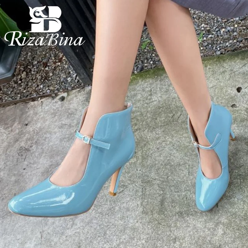 

RIZABINA 2021 Women New Fashion Ankle Boots Round Toe Thin High Heels Solid Color Candy Color Buckle Ladies Footwear Size 34-39