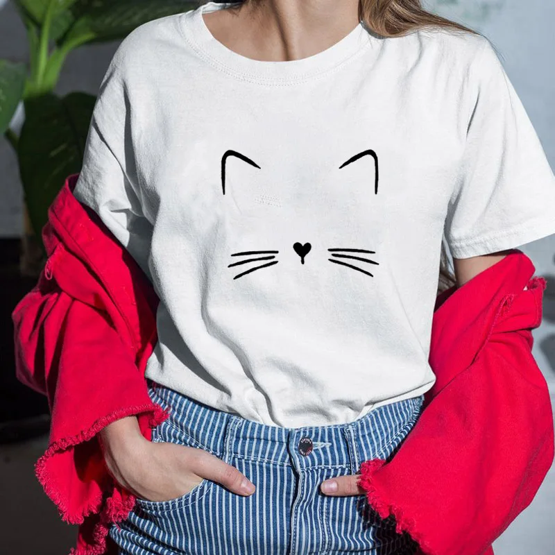 

Cat Face Funny T Shirts Women T-shirt Loose Camiseta Mujer O-neck Short Sleeve Tshirt Cotton Women Black White Tee Shirt Femme