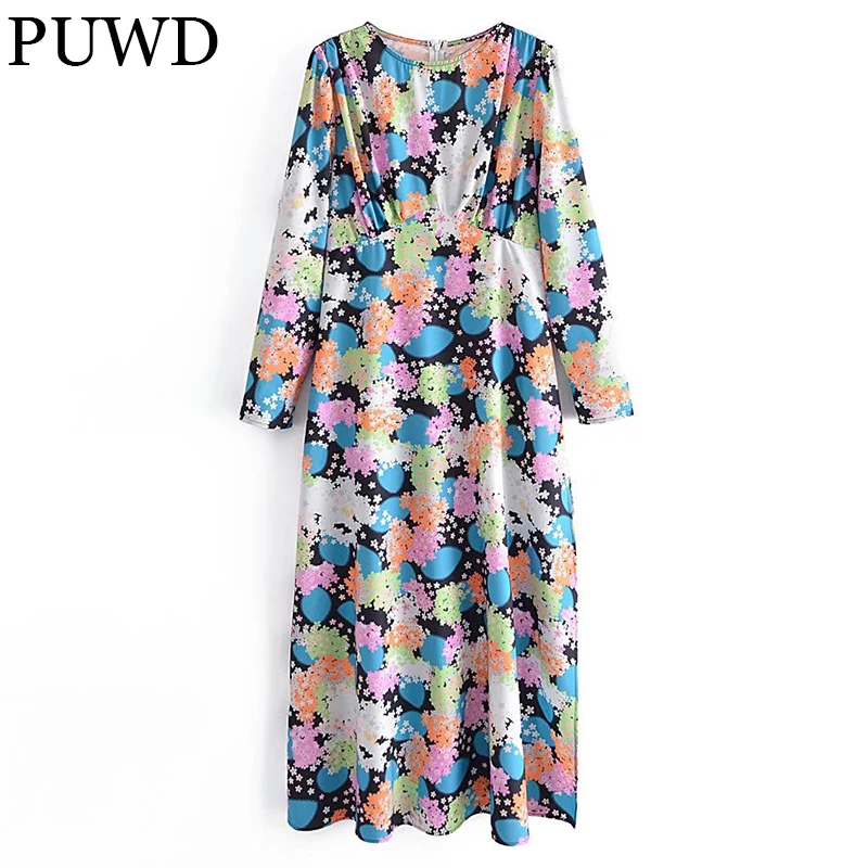 

PUWD Casual Women Midi Dress Round Collar Vintage Ladies Print Dress 2021 Autumn Fashion Side Split Female Chic Dresses