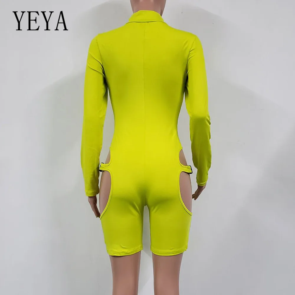 YEYA сексуальный комбинезон с длинным рукавом на молнии спереди, облегающий однотонный комбинезон с пряжкой, модные Клубные вечерние комбинезоны с воротником под горло