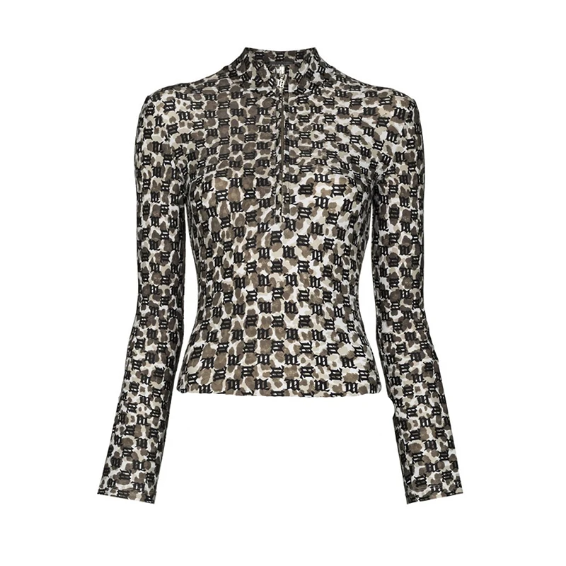 Футболка женская с длинным рукавом и камуфляжным принтом на молнии | Женская