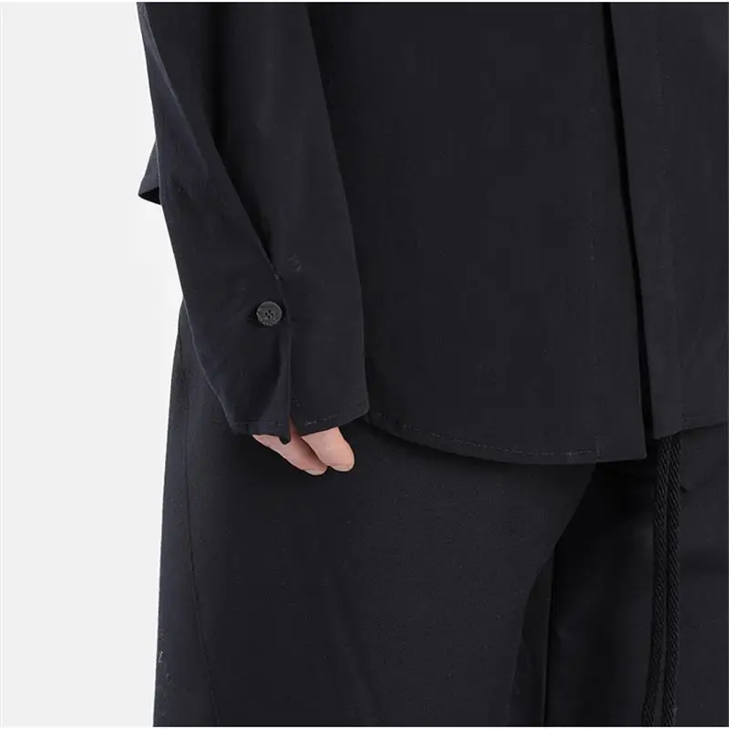 

Black deconstructed double-breasted irregular high-neck long-sleeved shirt niche designer brand men's clothing