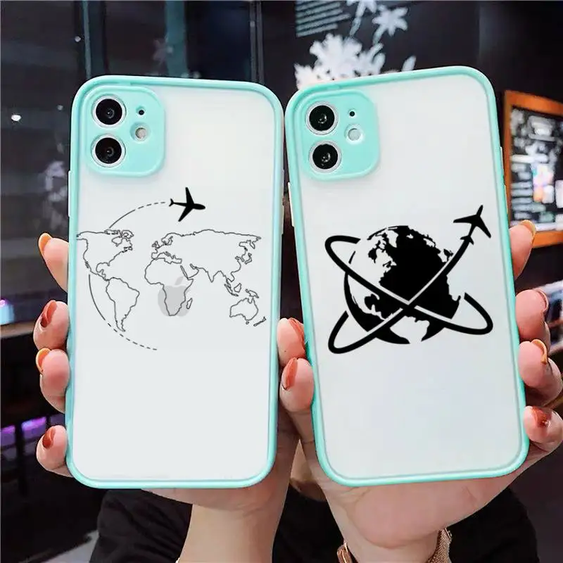 

Airplane map travel abstract line Phone Case For iPhone 12 11 Mini Pro XR XS Max 7 8 Plus X Matte transparent blue Back Cover