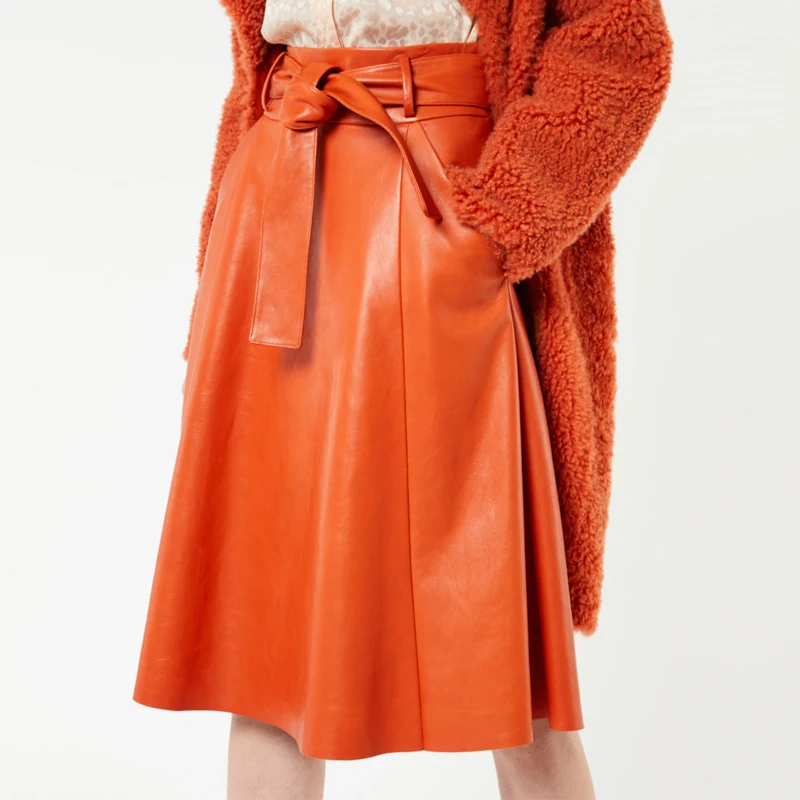 

Genuine Leather Womens Knee Length High Waist Sheepskin Midi Skirt A-Line Skirt Elegant Adjustable Waist Fashion Leather Skirt
