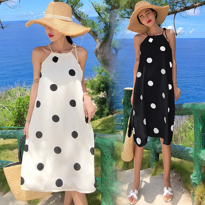 Летнее платье миди на бретелях в горошек 2 цвета черный абрикосовый женское