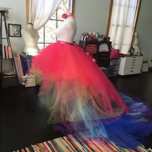 

2021 New Chic Rainbow Puffy Tulle Skirts For Bridal Pleated Tiered Floor Length Long Tutu Skirt Women With Appliques Custom Made