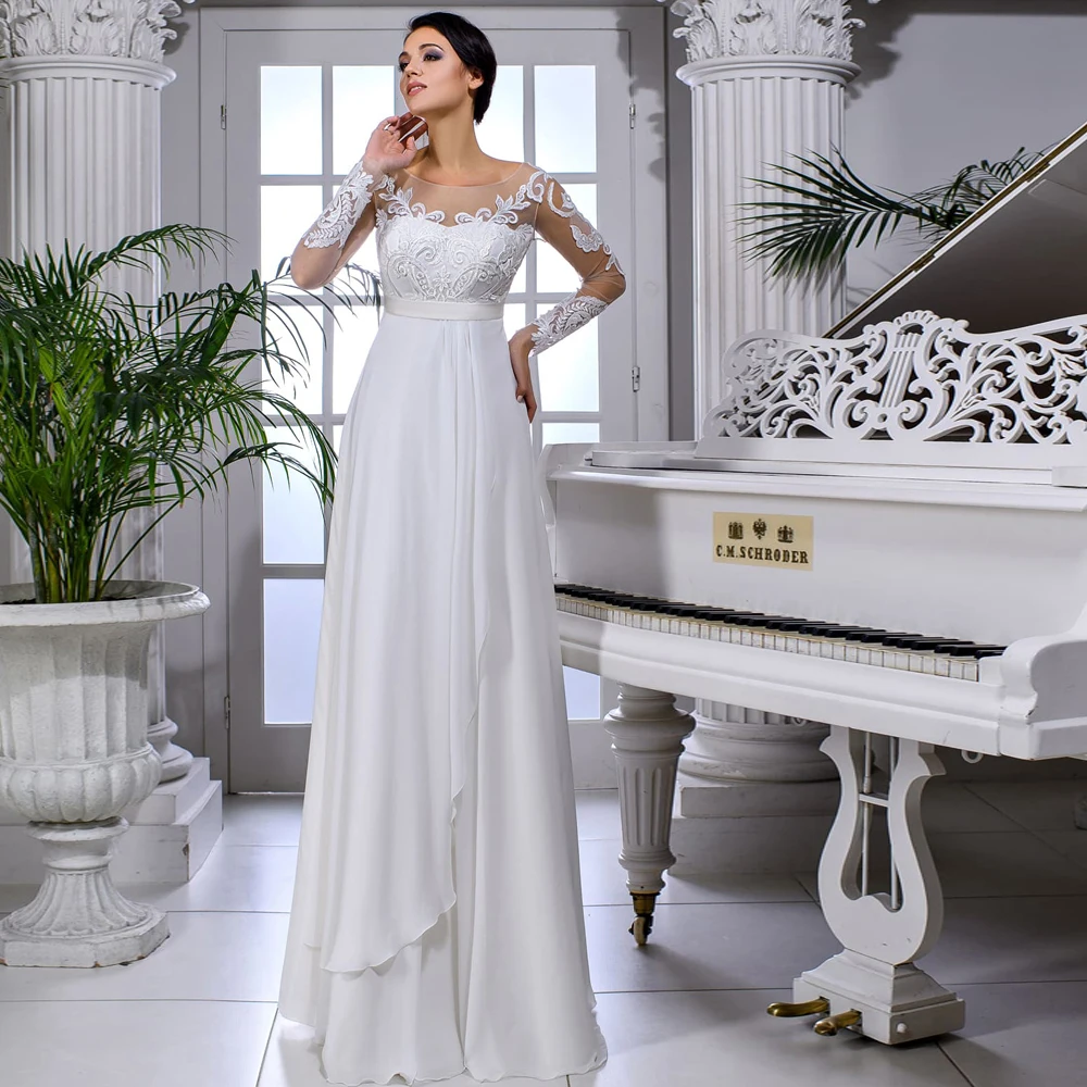 

Vestidos Sexy Wedding Dresses Chiffon Appliques Sashes Scoop Full Sleeve Lace Up A-Line Bridal Gowns Novia Do
