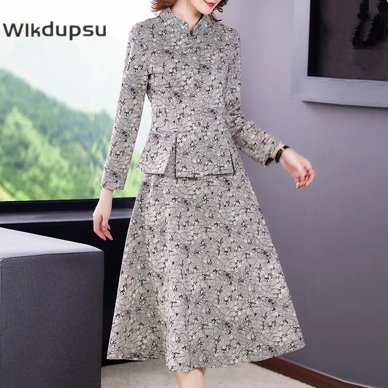 

Skirt Suits For Women Slim Long Sleeve Floral Print Blazer Jacket Top & High Waist A line Skirt Fall Winter 2 Piece Set Clothes