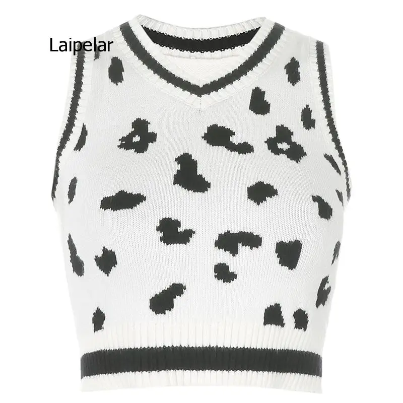 

Preppy Style Knitted Women's Sweater Vest Cow Print Cute Kawaii Clothes Striped V Neck Slim Cropped Jumpers Knitwear