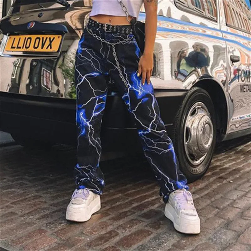 

NCLAGEN Women Lightning Print Sweat Pants Fashion Streetwear Cargo Long Trousers 2021 High Waist Lady Sweatpant Harajuku Capris