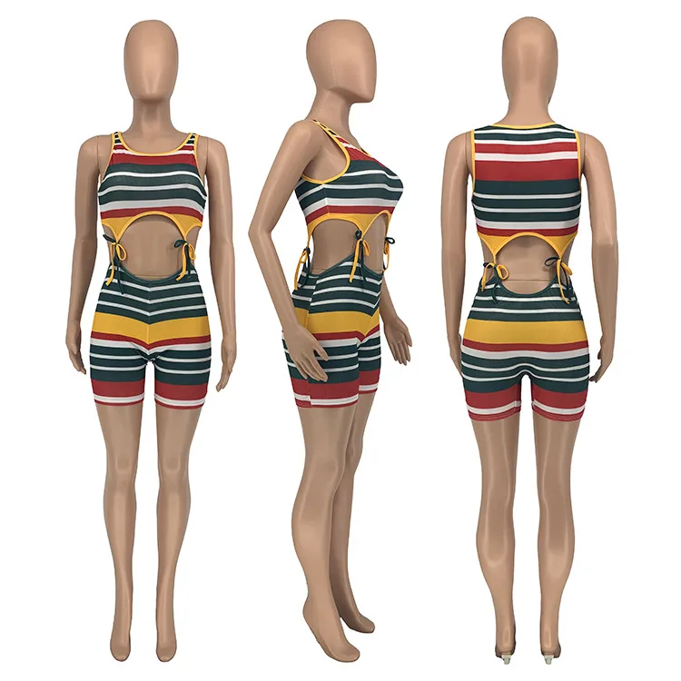 

2021 Women's Summer New Striped Print Voom Casual Pit Striped Lace-up Jumpsuit Body Suits for Women Romper