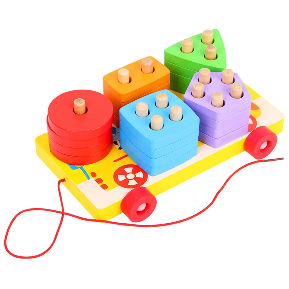

1 Set Draggable Flat-bed Cart Wooden Geometric Shaped Five Case Column Funny Shape Sorter Cognitive and Matching