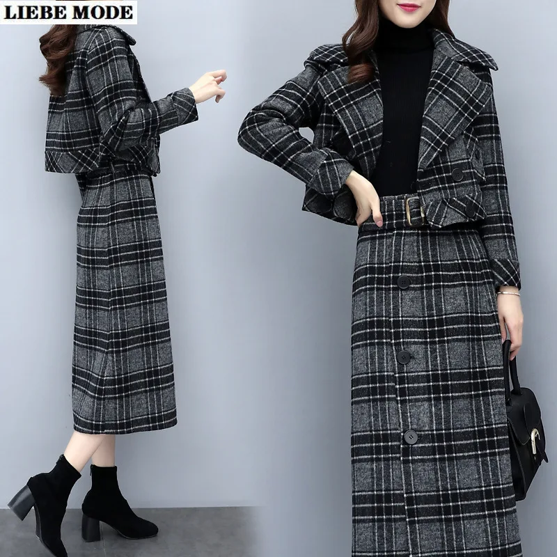 

Женский офисный костюм из 2 предметов, короткий Блейзер с юбкой, длинная юбка миди, повседневный элегантный костюм в клетку для работы, модна...