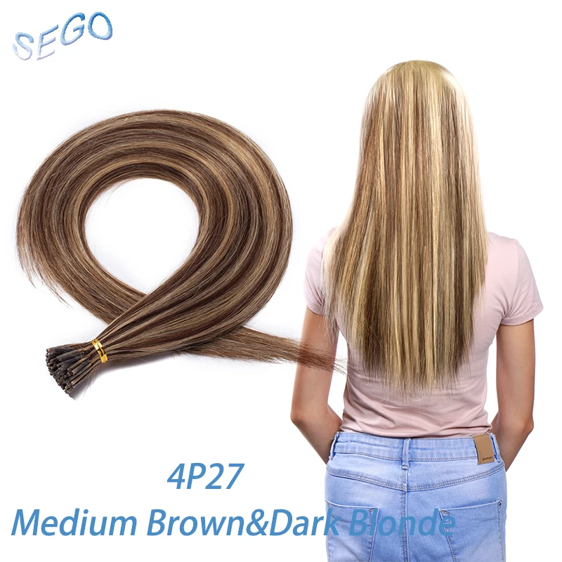 SEGO 1"-22" 50 г 100 прядей прямые человеческие волосы, кератиновые накладные волосы, Предварительно Связанные, не Реми, fusion - Цвет: P4/27