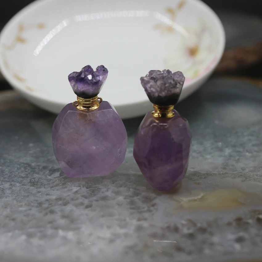 Новинка! Geode Druzy шапки аметисты Подвески флаконы духов, Фиолетовый Стразы камень эфирное масло колье аромараспылитель подвески ювелирные изделия