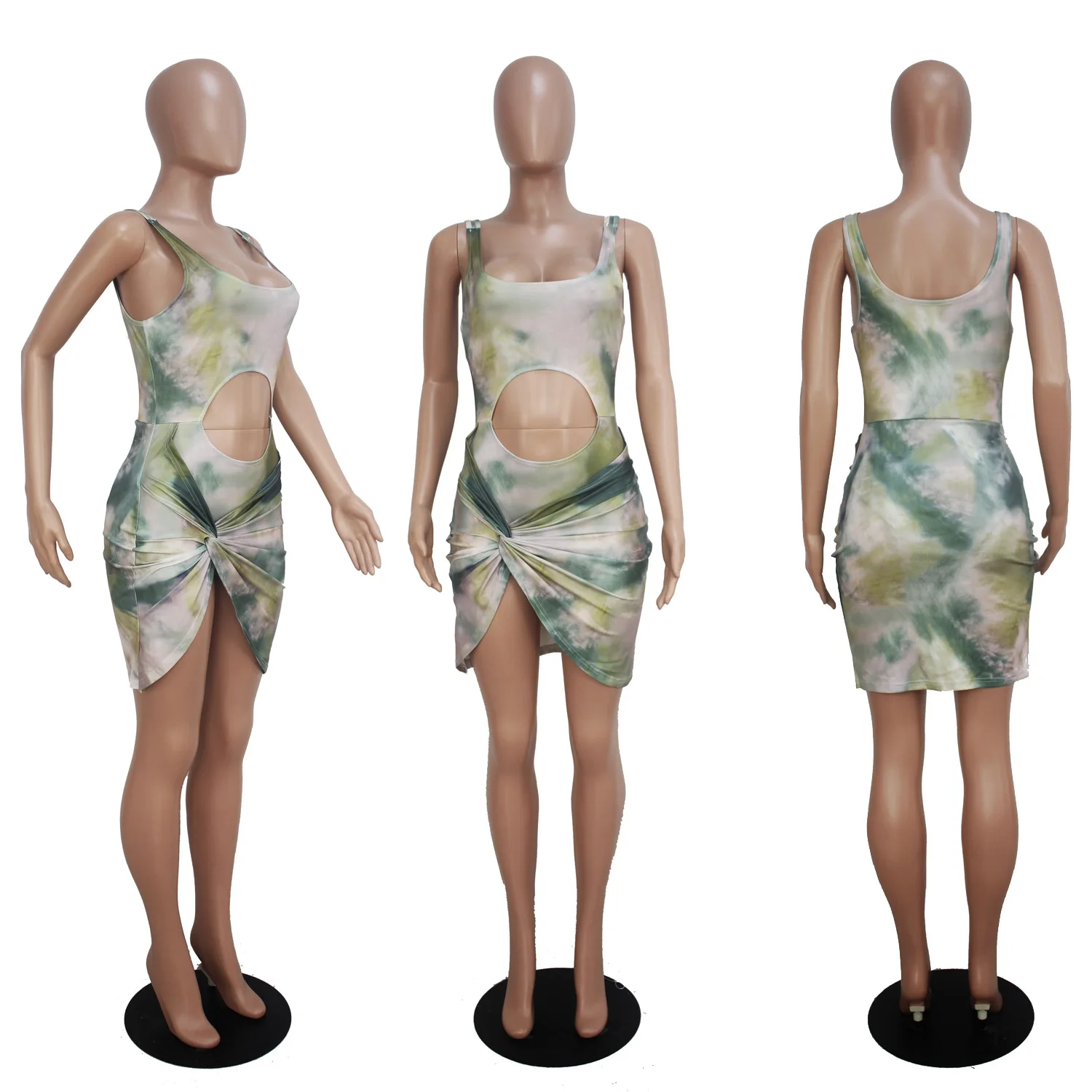 

Tie Dye Print O-Neck Sleeveless Hole Tank Tops Sexy Bodycon Dress New Arrival Autumn Hot Selling Women Outfits