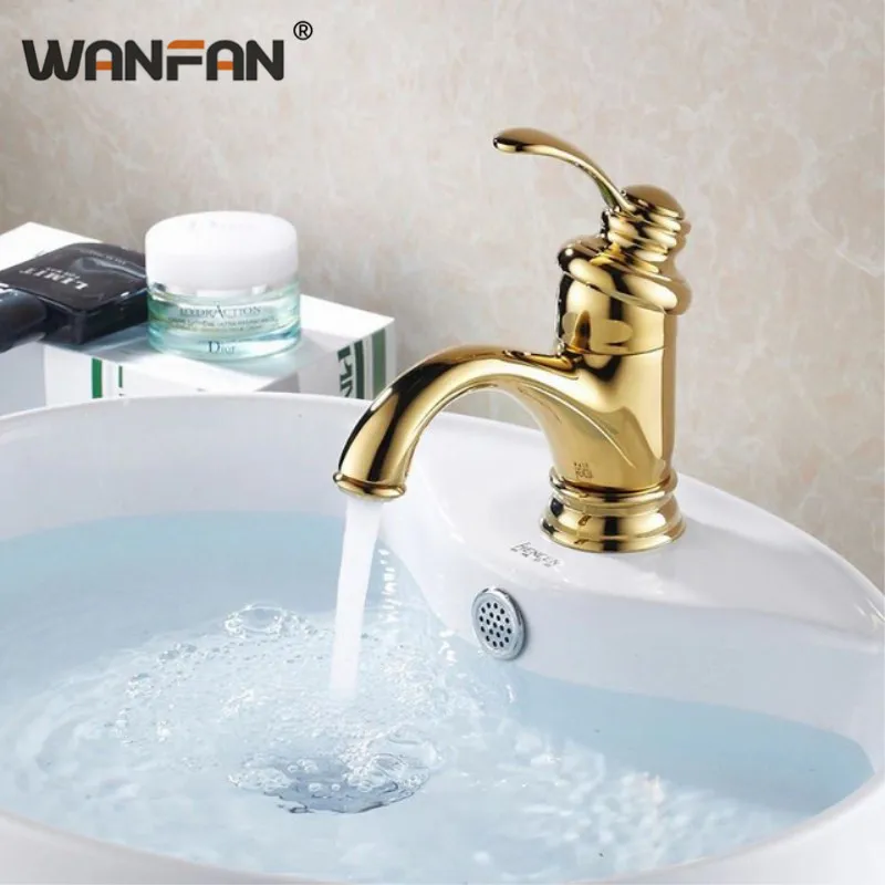 

WANFAN Basin Faucets Golden Modern Deck Mounted Bathroom Sink Faucet Washbasin Single Handle Hot and Cold Water Taps HJ-6636K