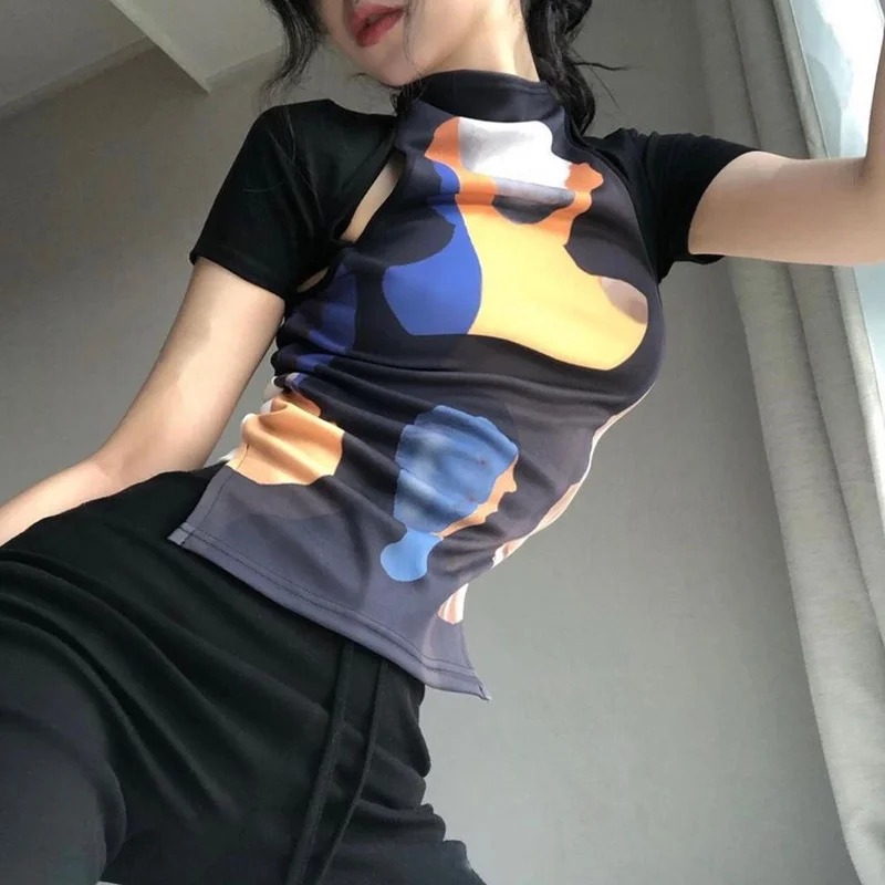 Пикантный Тонкий Топ Женская Повседневная простроченная футболка с круглым