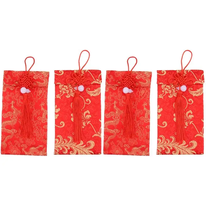 

4 шт., красные конверты из парчи HongBao