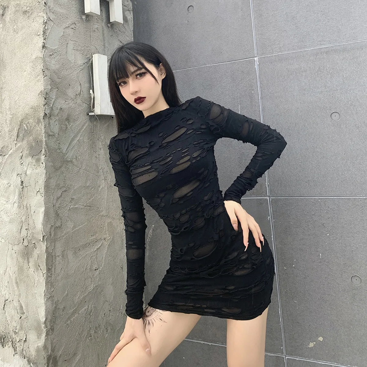 

New Gothic Black Mini Dress Streetwear Rock Punk Hollow Retro High Waist Long Sleeve Bodycon Party Dresses