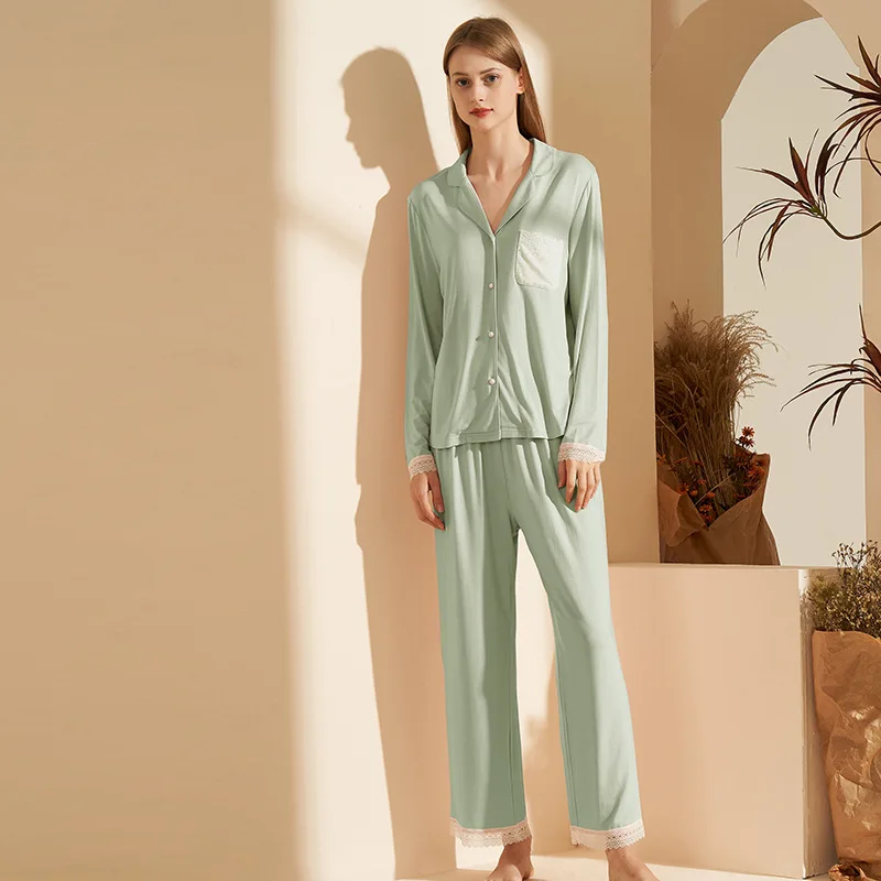 

Pajamas Women Spring Autumn New Long Sleeve Two Piece Set Solid Lace Women's Home Wear Cardigan Simple Set Loungewear Women