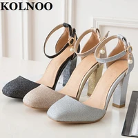 kolnoo handmde womens chunky heels sandals buckle ankle strap pearl two peices sexy evening fashion party prom summer shoes t710