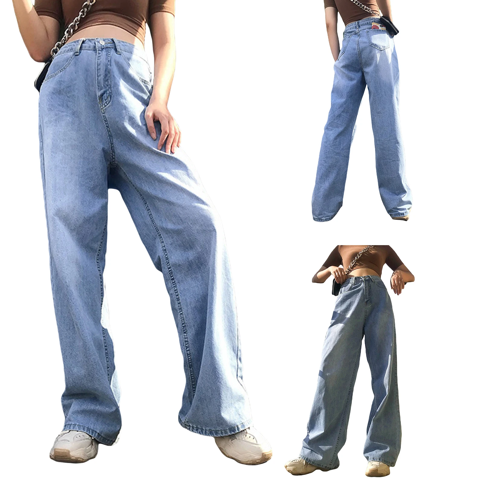 

Nice Pop Women Boyfriend Wide Leg Jeans, Casual High Waist Washed Loose Fitted Denim Pants Vogue Joker Loose