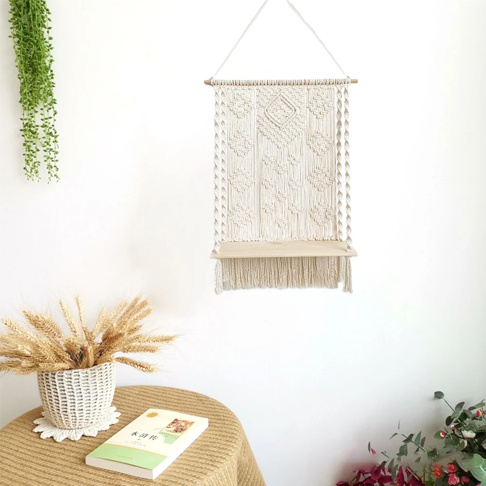 

Cotton Blend Background Rope Plant Hanger Wall Hanging Shelf Indoor Handmade Macrame Bedroom Woven Tapestry Home Decor